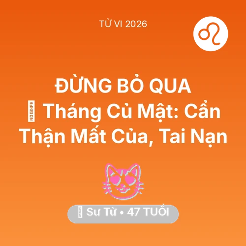 Vận hạn Sư Tử sinh năm 1979 trong năm (2026): 🛑 Tháng Củ Mật: Sư Tử Cẩn Thận Mất Của, Tai Nạn