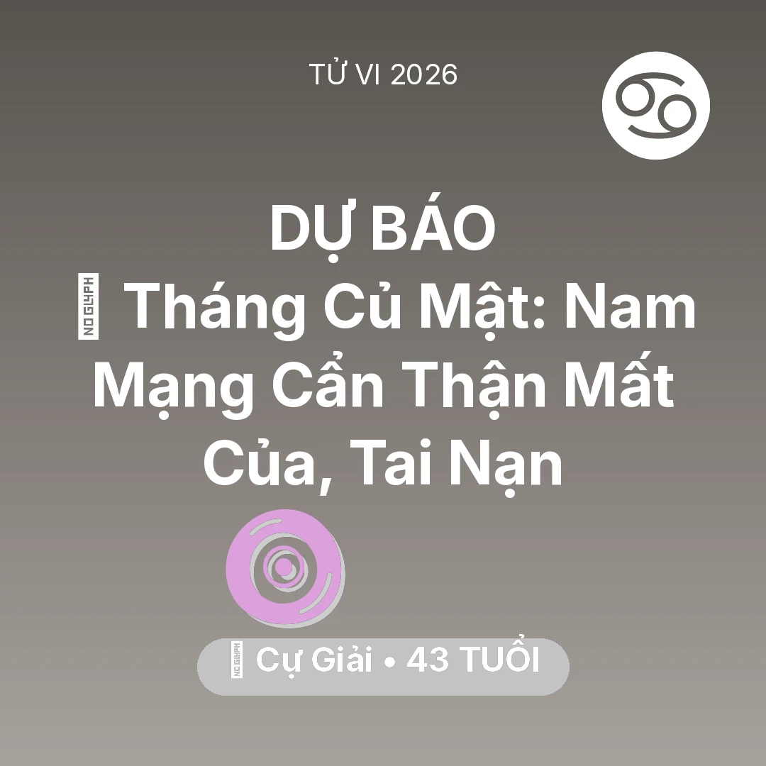 Tổng quan Vận Mệnh tuổi 43 - Xem tử vi Cự Giải sinh năm 1983 Nam Mạng: 🛑 Tháng Củ Mật: Nam Mạng Cự Giải Cẩn Thận Mất Của, Tai Nạn