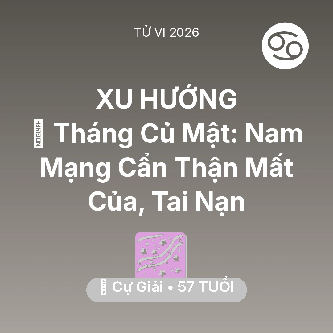 Tổng quan Vận Mệnh tuổi 57 - Xem tử vi Cự Giải sinh năm 1969 Nam Mạng: 🛑 Tháng Củ Mật: Nam Mạng Cự Giải Cẩn Thận Mất Của, Tai Nạn