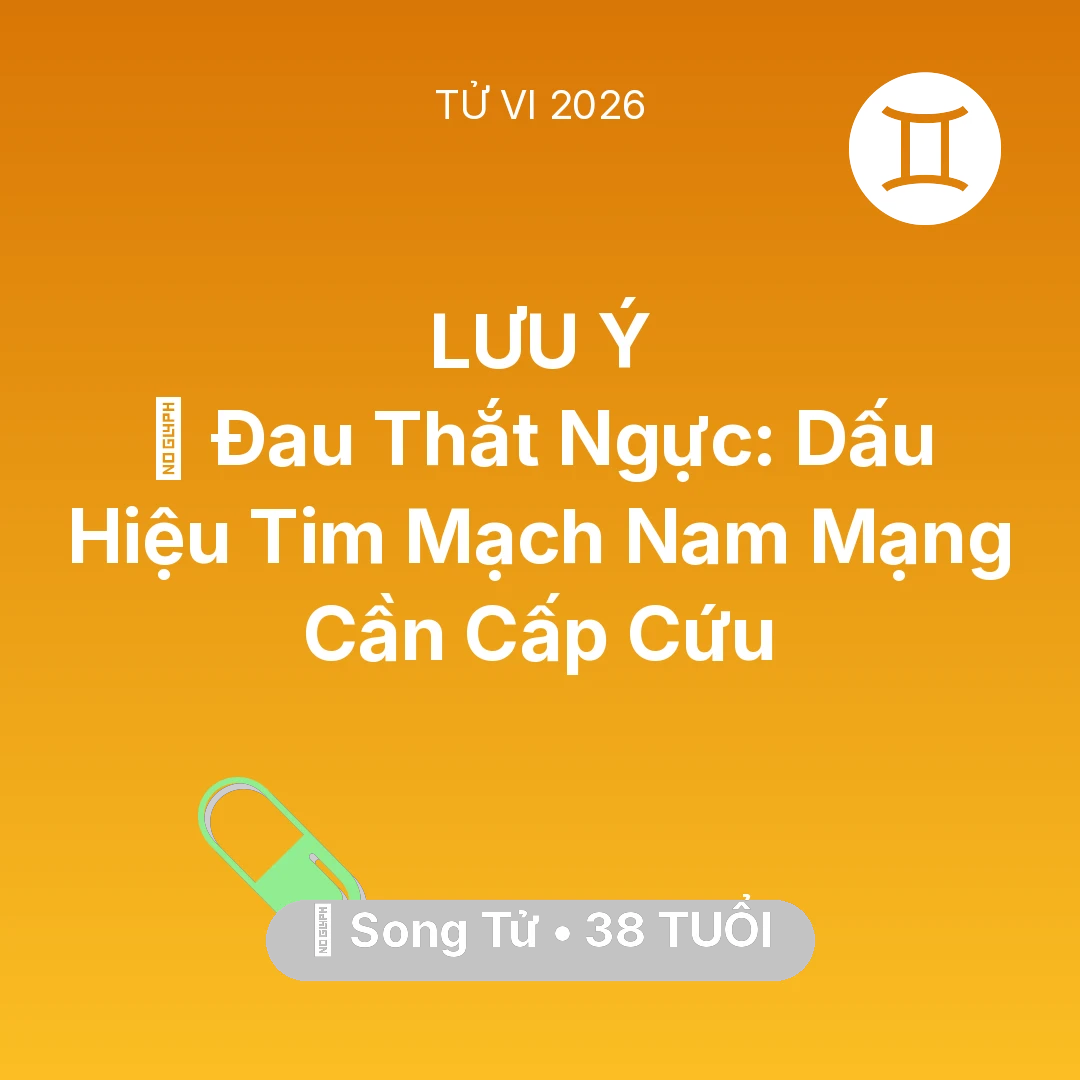 Tổng quan Sức Khỏe tuổi 38 - Vận hạn Song Tử sinh năm 1988 trong năm (2026): 🆘 Đau Thắt Ngực: Dấu Hiệu Tim Mạch Nam Mạng Song Tử Cần Cấp Cứu