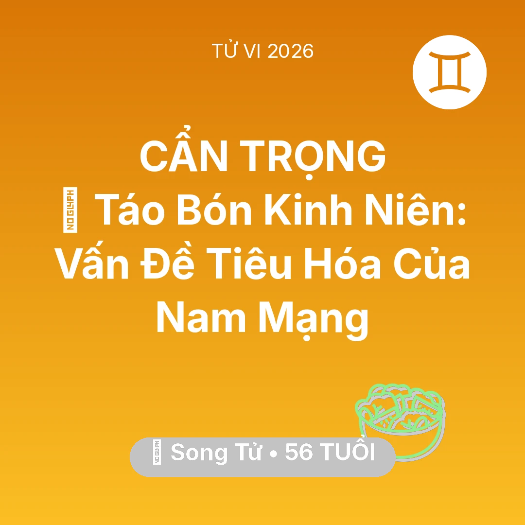 Tổng quan Sức Khỏe tuổi 56 - Vận hạn Song Tử sinh năm 1970 trong năm (2026): 🆘 Táo Bón Kinh Niên: Vấn Đề Tiêu Hóa Của Nam Mạng Song Tử